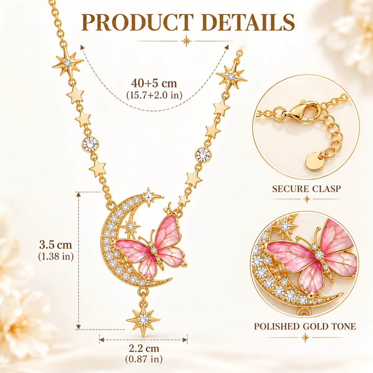 Pink Butterfly & Crescent Moon Necklace – Elegant Crystal Star Pendant Jewelry for Women
