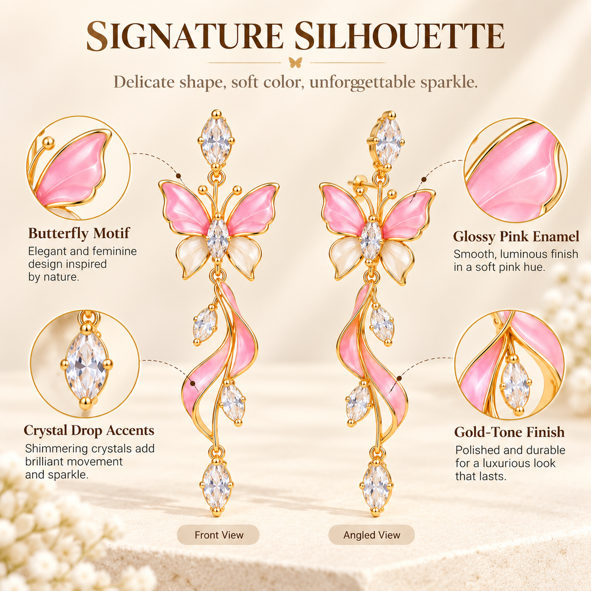 Elegant Pink Butterfly Dangle Earrings – Gold-Tone Crystal & Floral Drop Earrings for Women