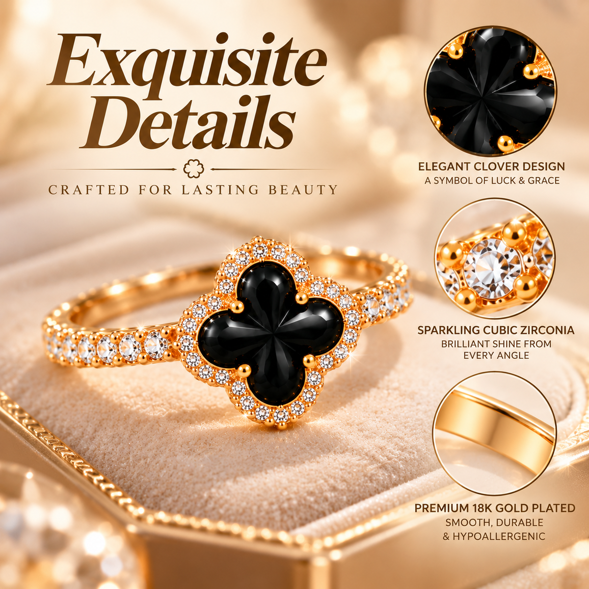 18K Gold Plated Black Four-Leaf Clover Ring – Elegant Cubic Zirconia Lucky Charm Jewelry for Women