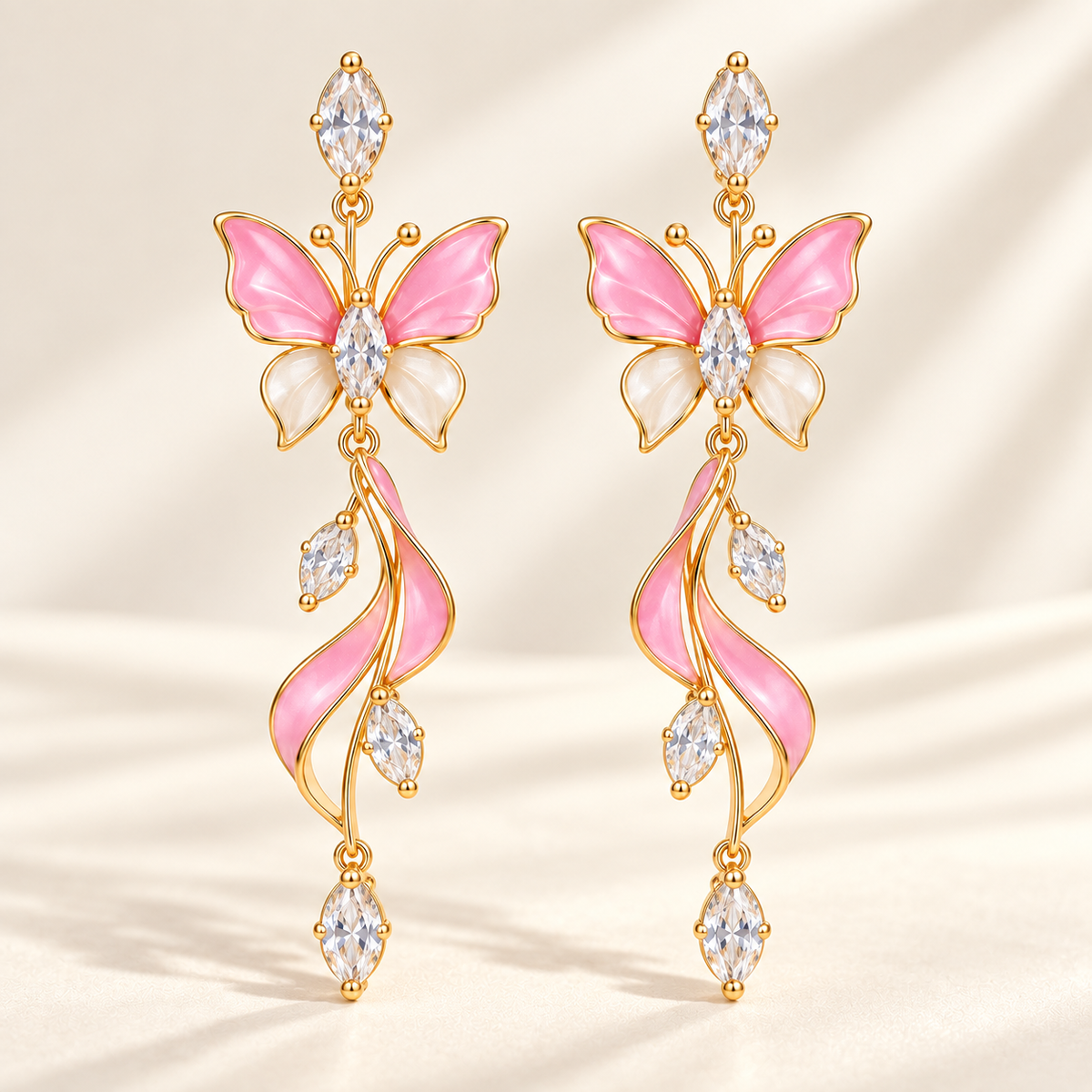 Elegant Pink Butterfly Dangle Earrings – Gold-Tone Crystal & Floral Drop Earrings for Women