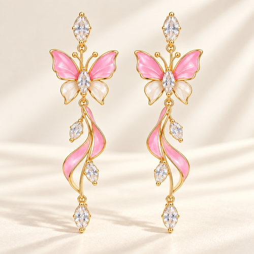 Elegant Pink Butterfly Dangle Earrings – Gold-Tone Crystal & Floral Drop Earrings for Women