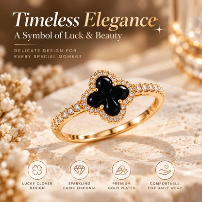 18K Gold Plated Black Four-Leaf Clover Ring – Elegant Cubic Zirconia Lucky Charm Jewelry for Women