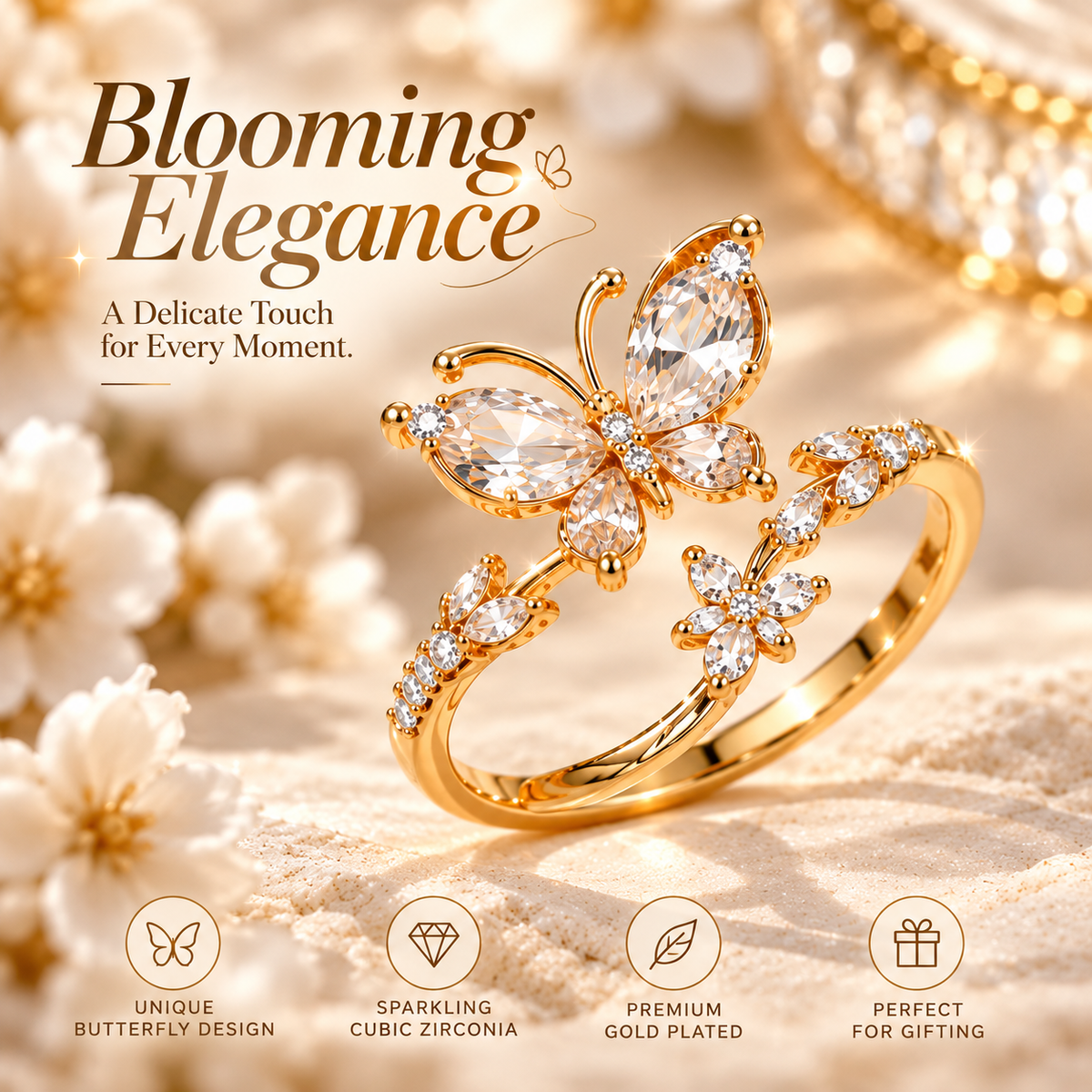 Elegant Gold Butterfly Ring – Sparkling Cubic Zirconia Open Ring for Women
