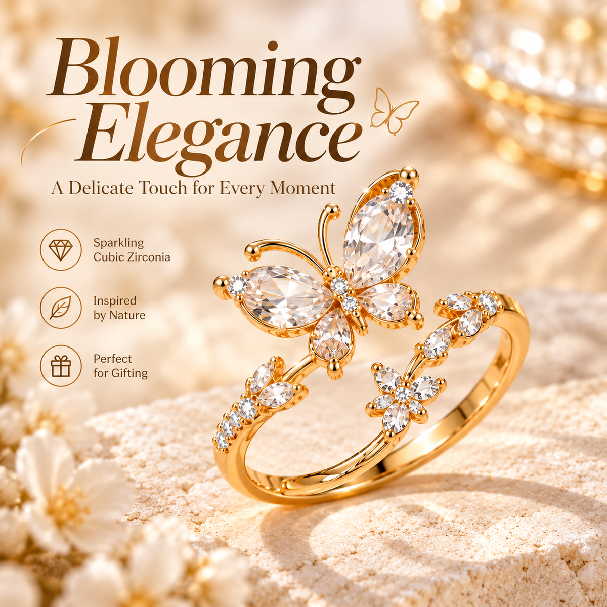 Elegant Gold Butterfly Ring – Sparkling Cubic Zirconia Open Ring for Women
