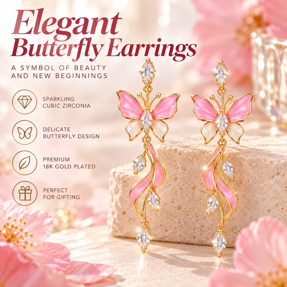 Elegant Pink Butterfly Dangle Earrings – Gold-Tone Crystal & Floral Drop Earrings for Women