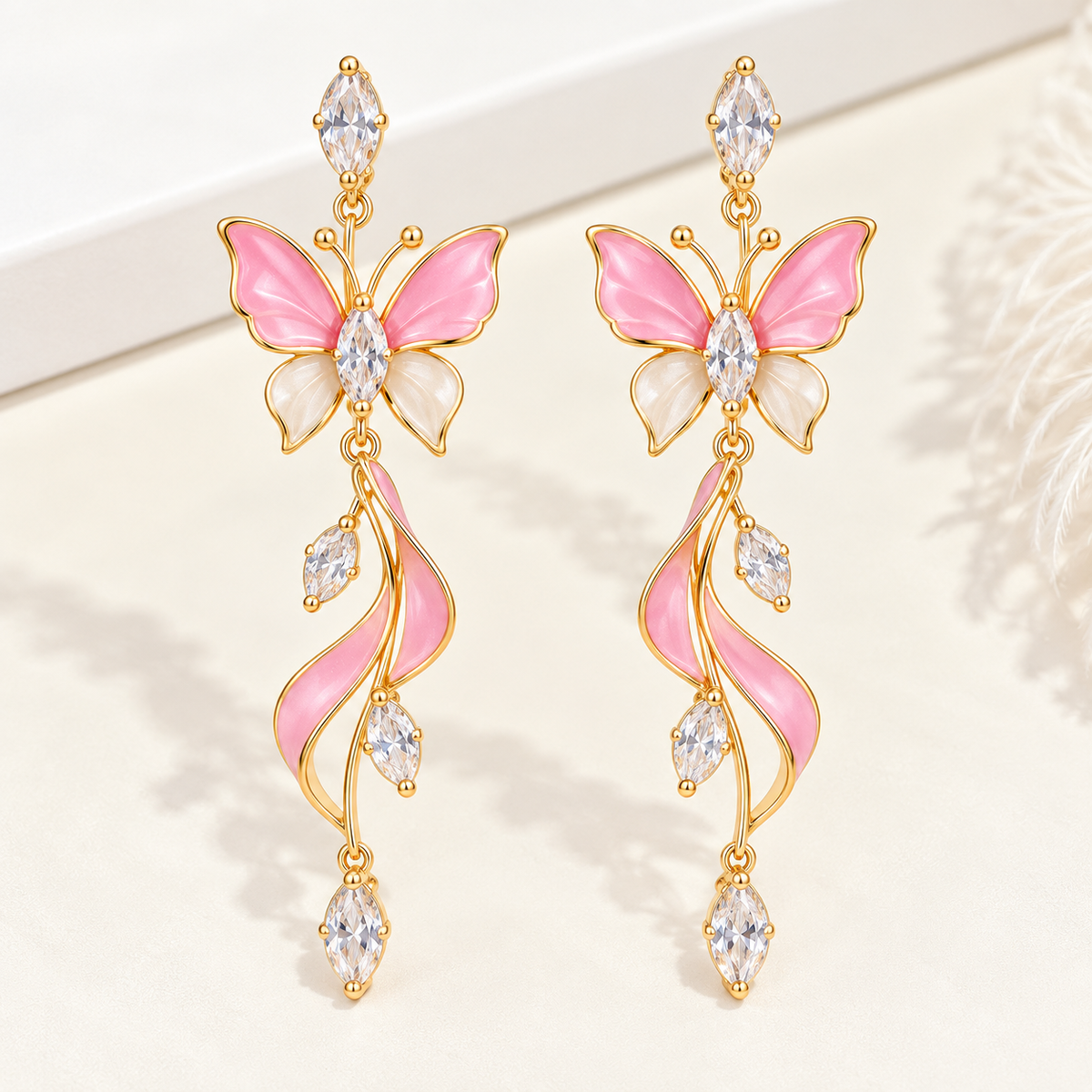 Elegant Pink Butterfly Dangle Earrings – Gold-Tone Crystal & Floral Drop Earrings for Women