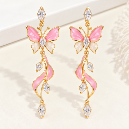 Elegant Pink Butterfly Dangle Earrings – Gold-Tone Crystal & Floral Drop Earrings for Women