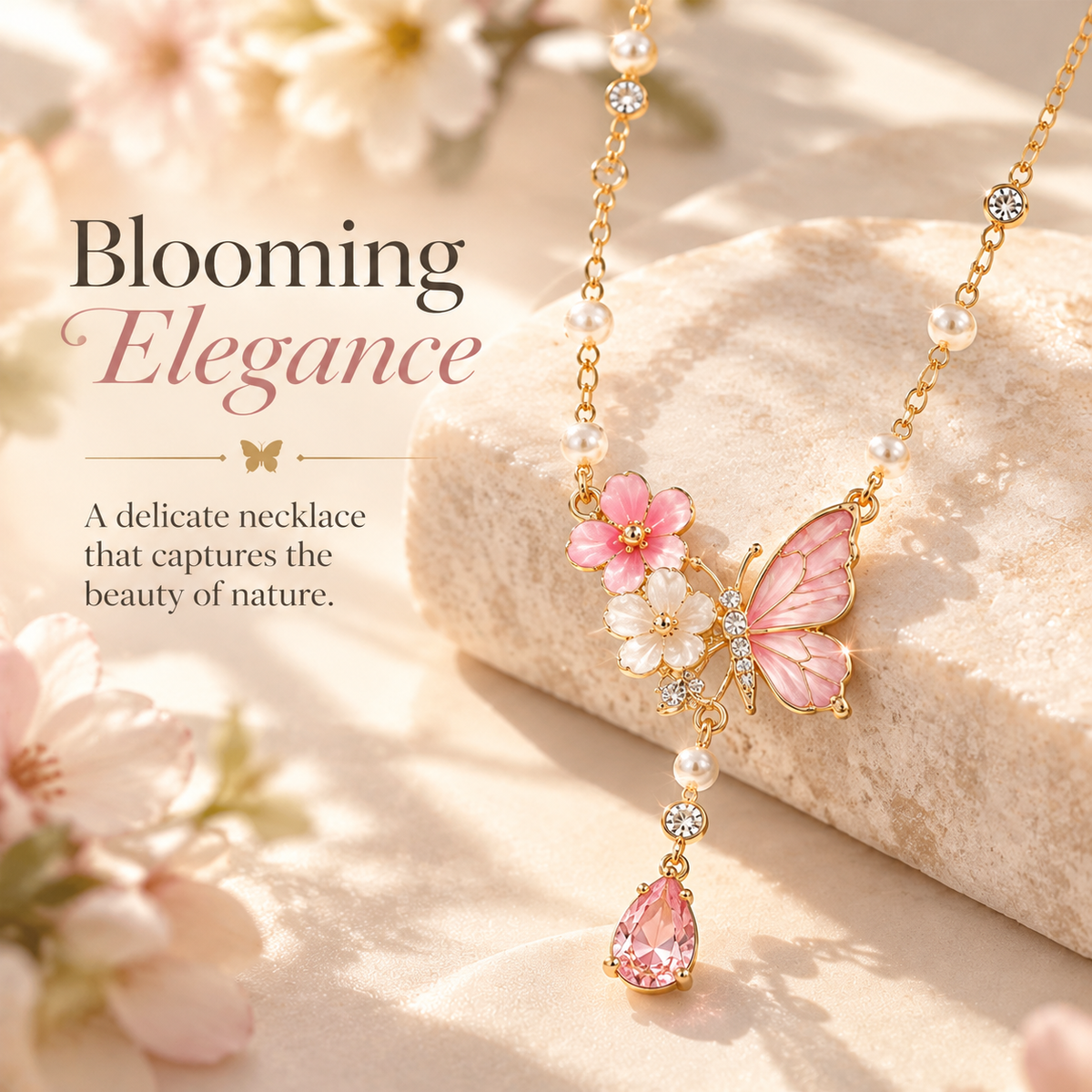 Pink Butterfly & Floral Pearl Pendant Necklace – Elegant Crystal Drop Jewelry for Women