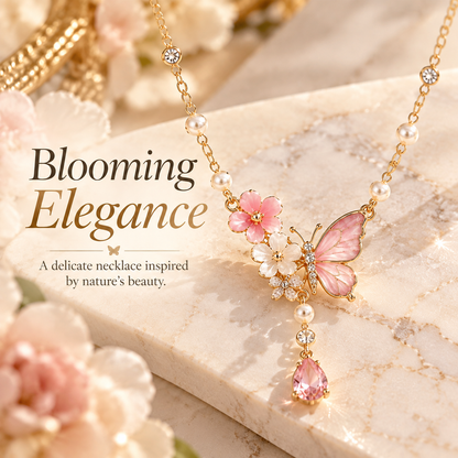 Pink Butterfly & Floral Pearl Pendant Necklace – Elegant Crystal Drop Jewelry for Women