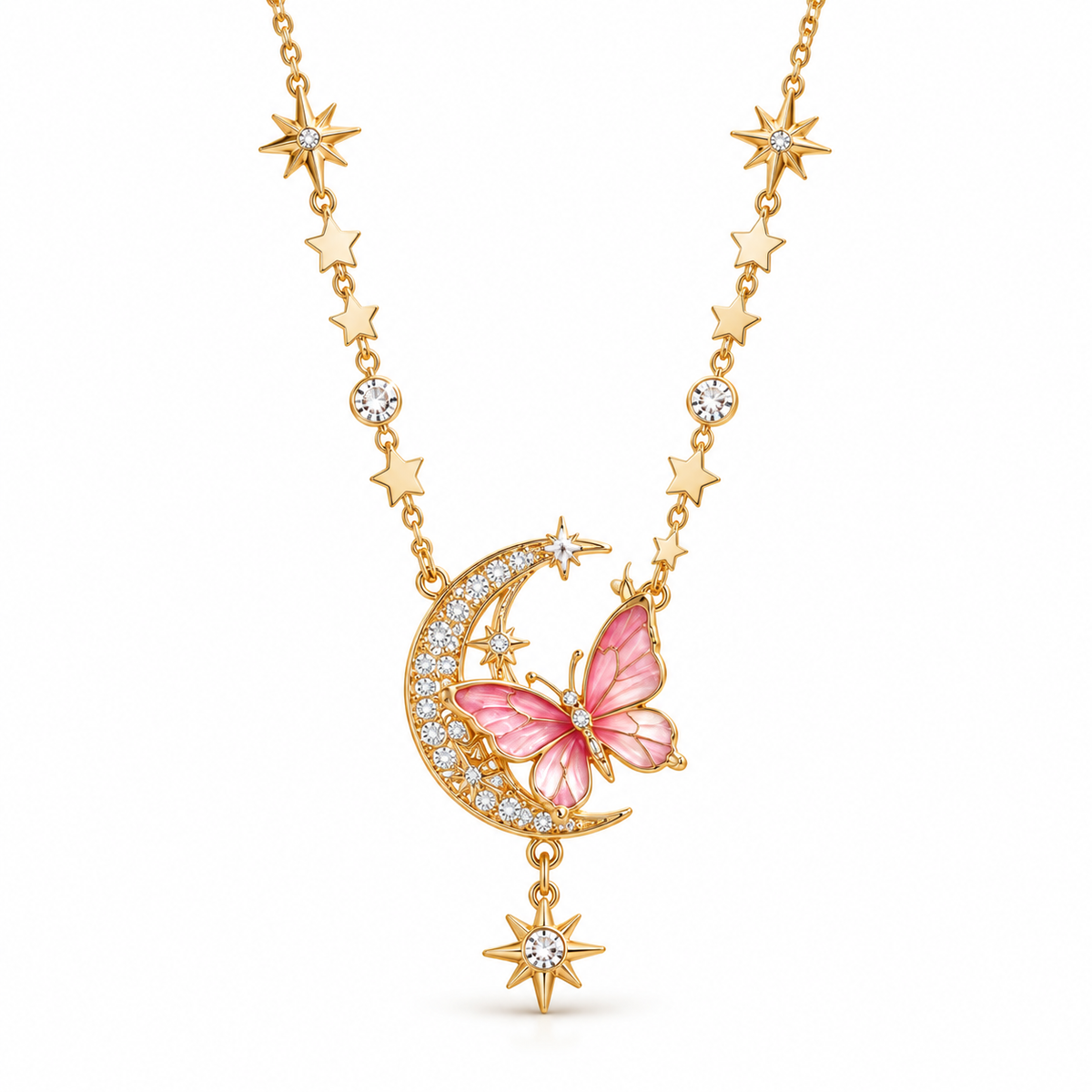 Pink Butterfly & Crescent Moon Necklace – Elegant Crystal Star Pendant Jewelry for Women