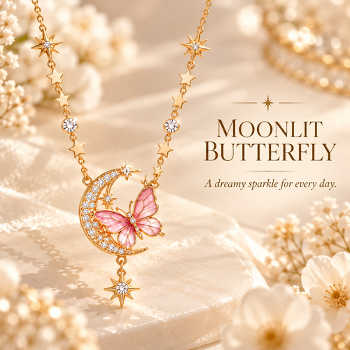 Pink Butterfly & Crescent Moon Necklace – Elegant Crystal Star Pendant Jewelry for Women