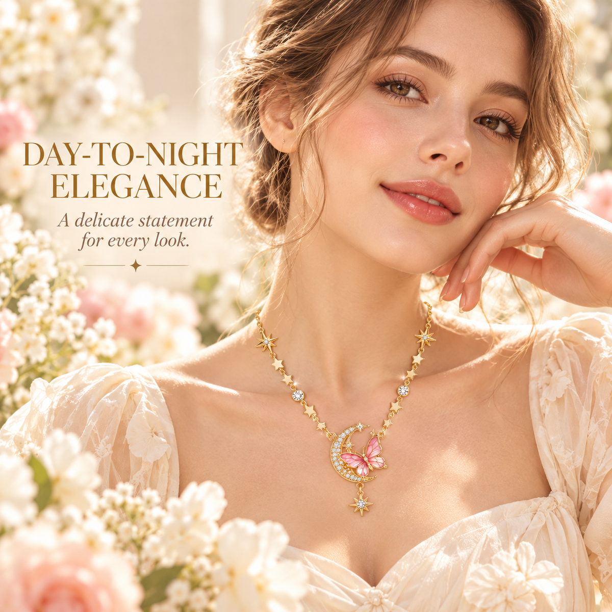 Pink Butterfly & Crescent Moon Necklace – Elegant Crystal Star Pendant Jewelry for Women