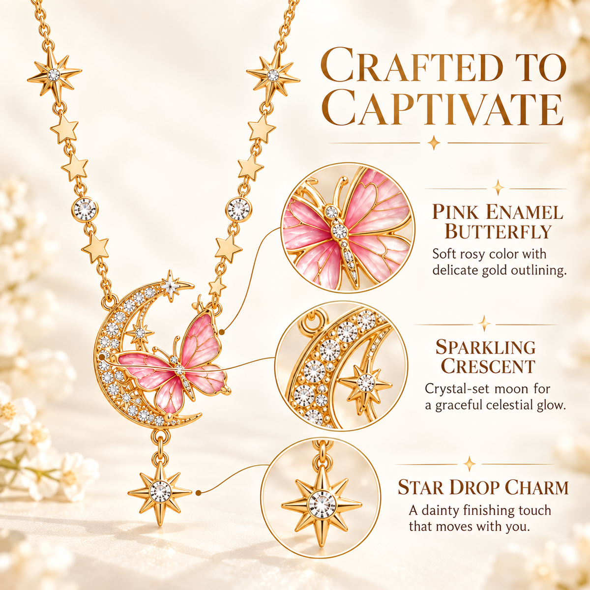 Pink Butterfly & Crescent Moon Necklace – Elegant Crystal Star Pendant Jewelry for Women