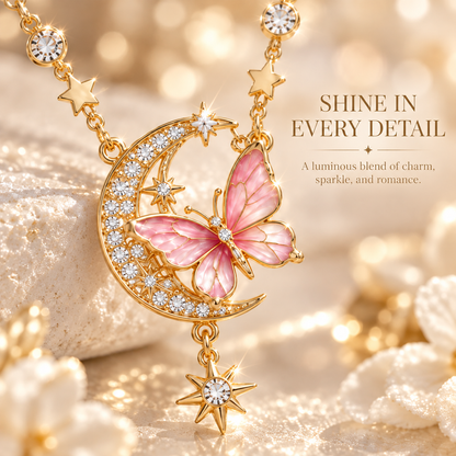 Pink Butterfly & Crescent Moon Necklace – Elegant Crystal Star Pendant Jewelry for Women