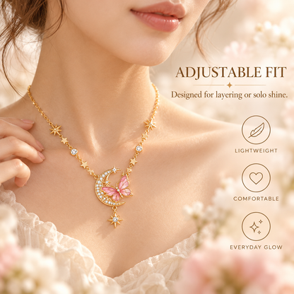 Pink Butterfly & Crescent Moon Necklace – Elegant Crystal Star Pendant Jewelry for Women