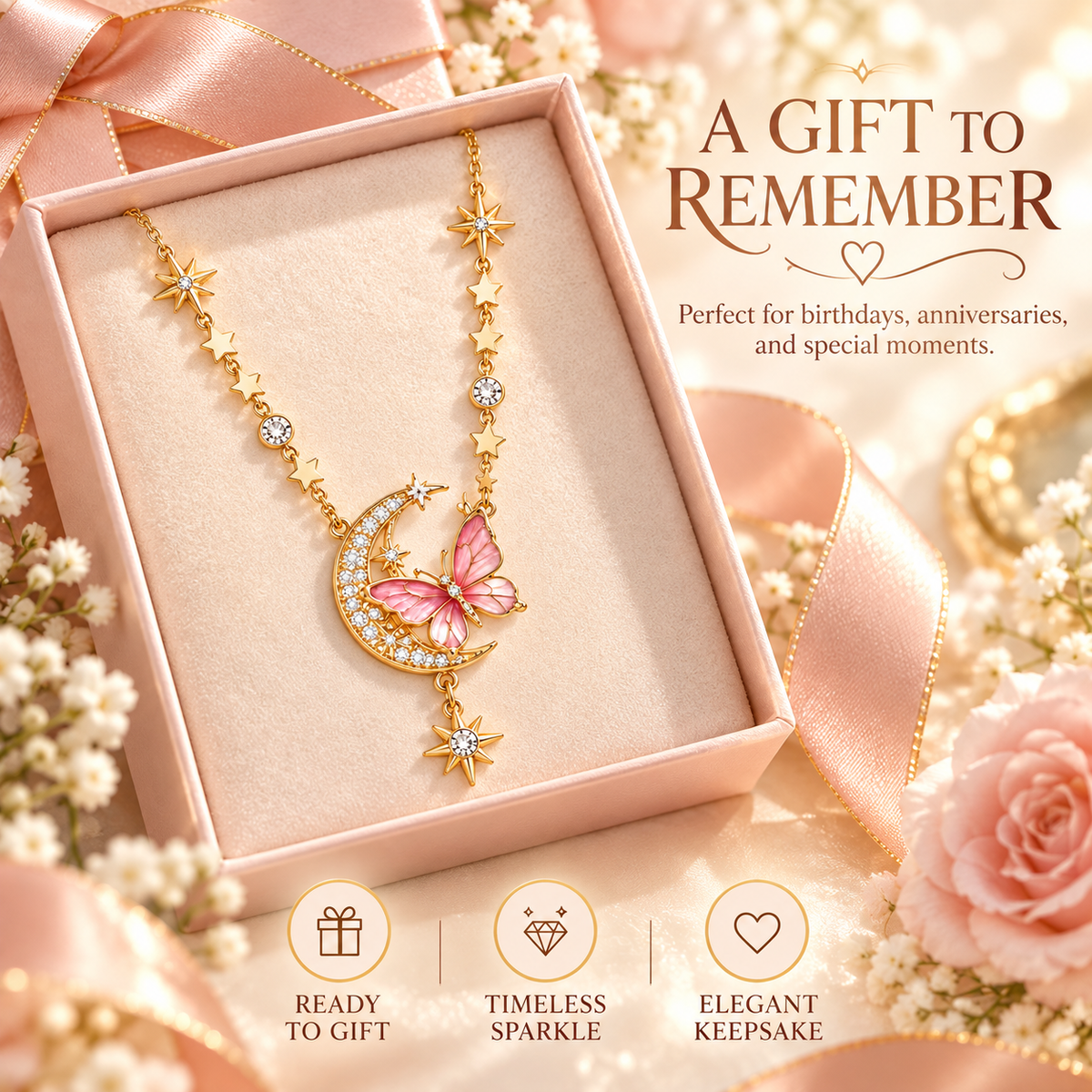 Pink Butterfly & Crescent Moon Necklace – Elegant Crystal Star Pendant Jewelry for Women