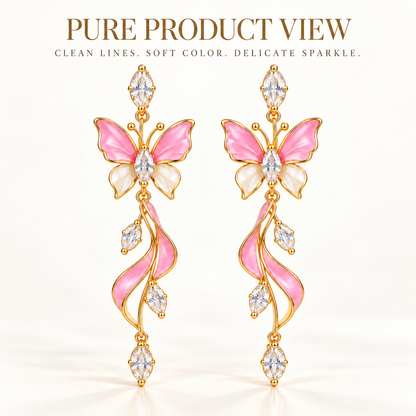 Elegant Pink Butterfly Dangle Earrings – Gold-Tone Crystal & Floral Drop Earrings for Women