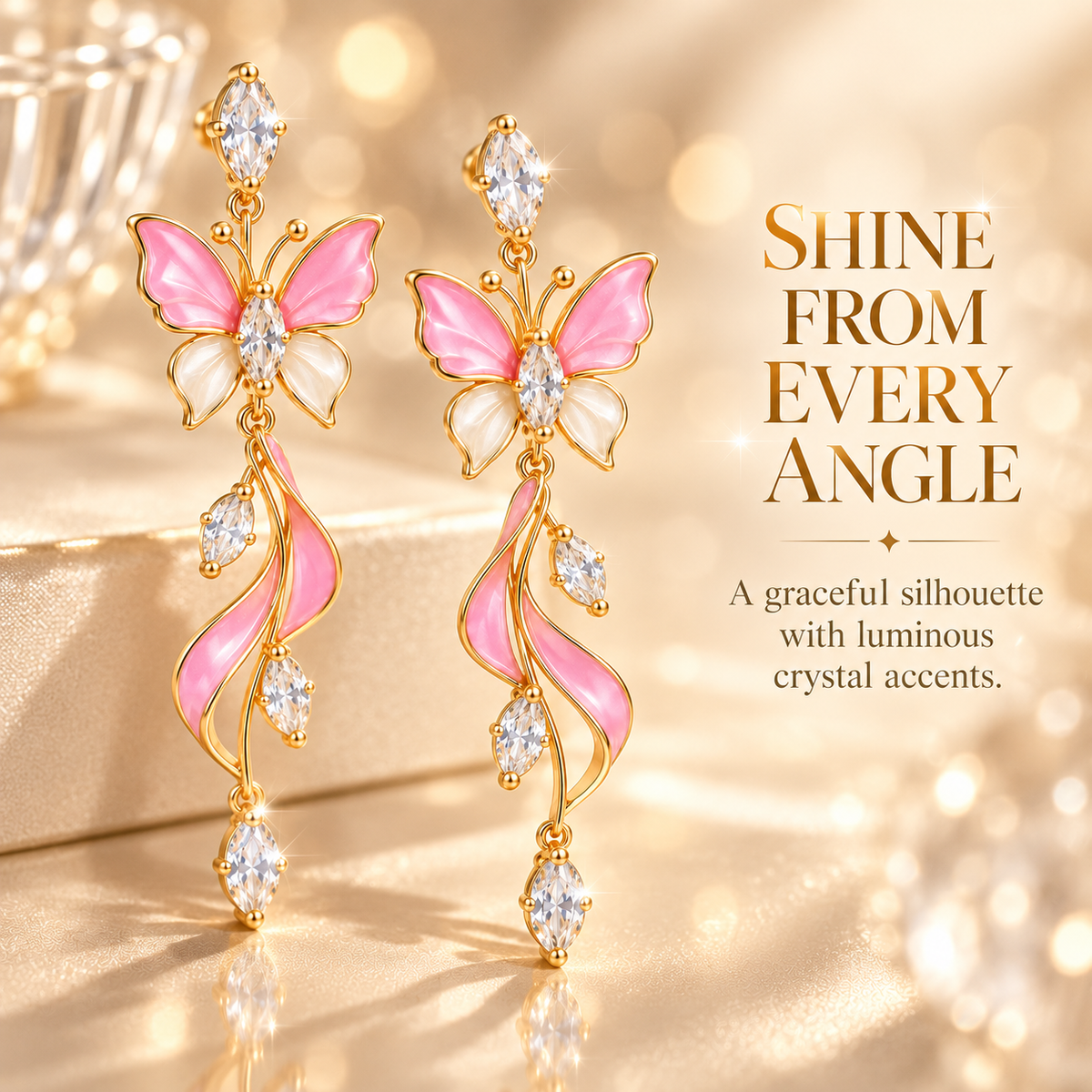 Elegant Pink Butterfly Dangle Earrings – Gold-Tone Crystal & Floral Drop Earrings for Women