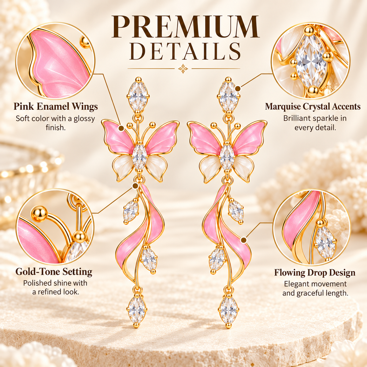 Elegant Pink Butterfly Dangle Earrings – Gold-Tone Crystal & Floral Drop Earrings for Women