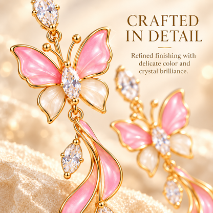 Elegant Pink Butterfly Dangle Earrings – Gold-Tone Crystal & Floral Drop Earrings for Women