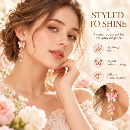 Elegant Pink Butterfly Dangle Earrings – Gold-Tone Crystal & Floral Drop Earrings for Women