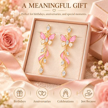 Elegant Pink Butterfly Dangle Earrings – Gold-Tone Crystal & Floral Drop Earrings for Women