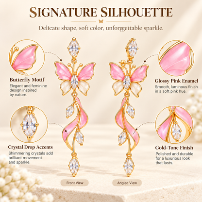Elegant Pink Butterfly Dangle Earrings – Gold-Tone Crystal & Floral Drop Earrings for Women