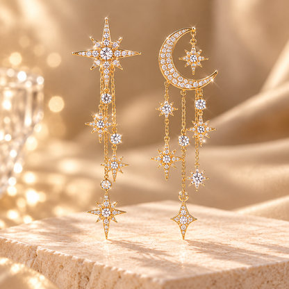 Celestial Moon & Star Dangle Earrings – Asymmetric Gold-Tone Crystal Tassel Drop Earrings for Women