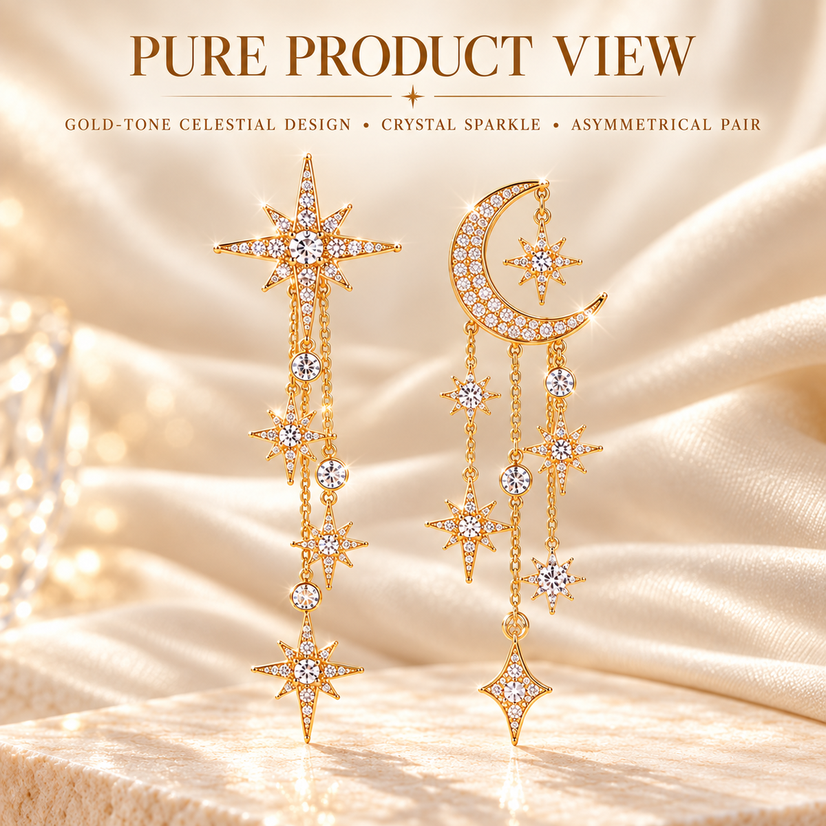 Celestial Moon & Star Dangle Earrings – Asymmetric Gold-Tone Crystal Tassel Drop Earrings for Women