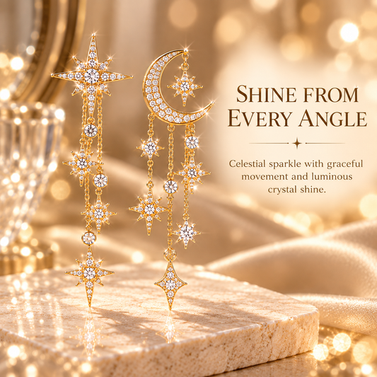 Celestial Moon & Star Dangle Earrings – Asymmetric Gold-Tone Crystal Tassel Drop Earrings for Women