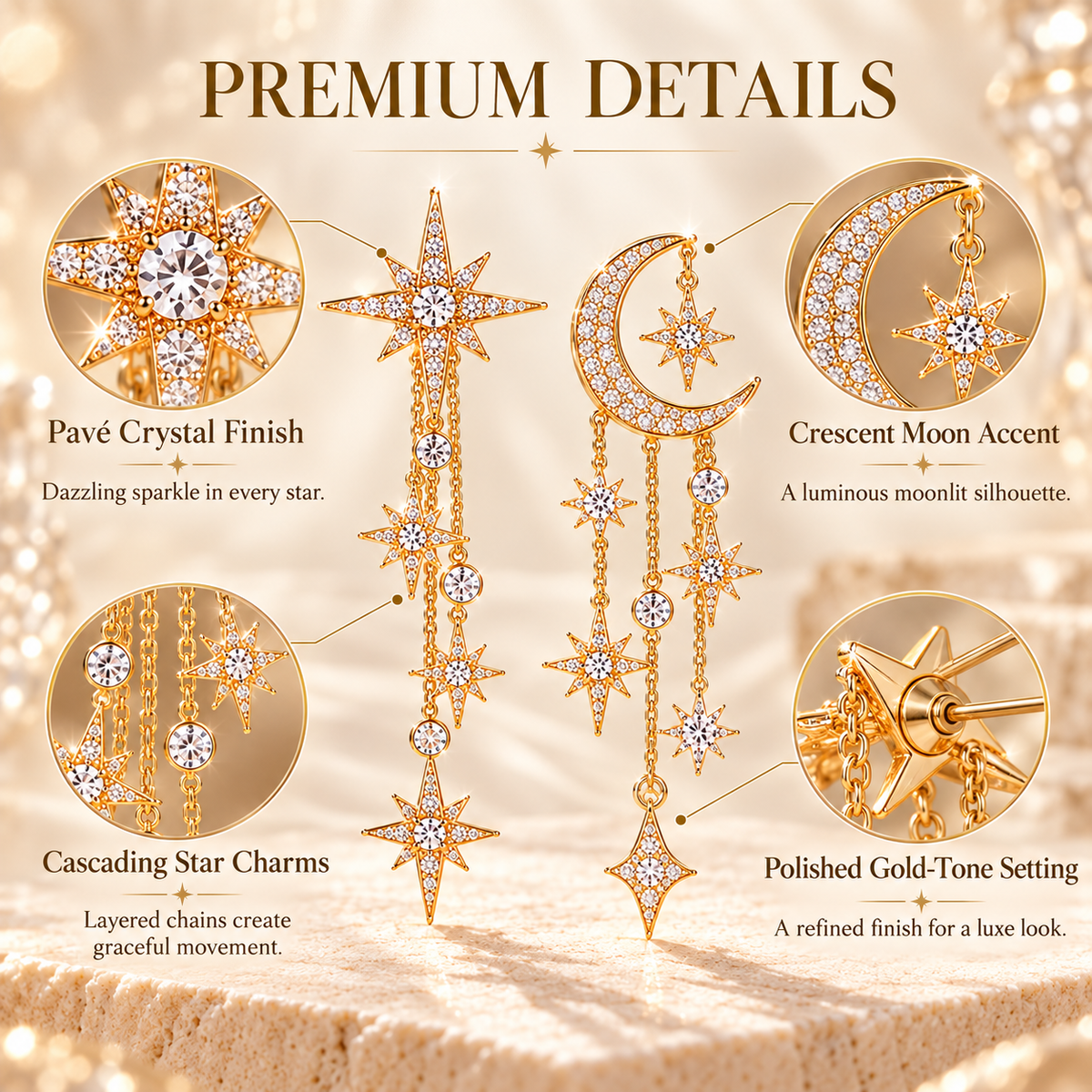 Celestial Moon & Star Dangle Earrings – Asymmetric Gold-Tone Crystal Tassel Drop Earrings for Women