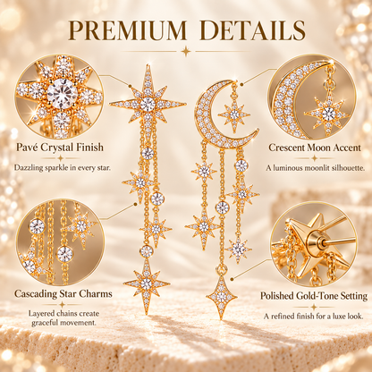 Celestial Moon & Star Dangle Earrings – Asymmetric Gold-Tone Crystal Tassel Drop Earrings for Women