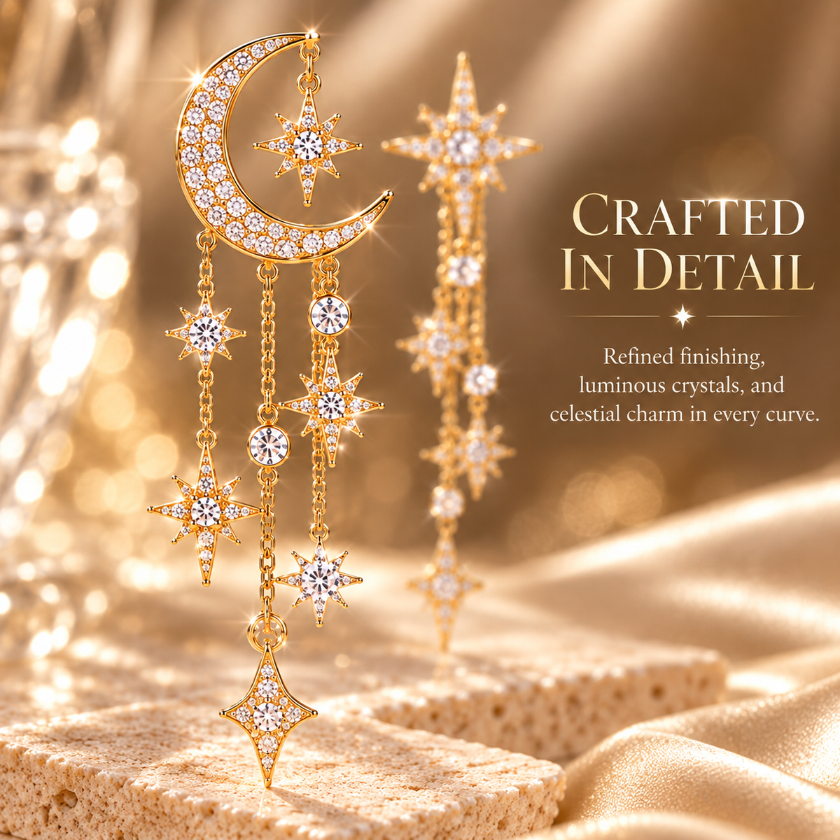 Celestial Moon & Star Dangle Earrings – Asymmetric Gold-Tone Crystal Tassel Drop Earrings for Women