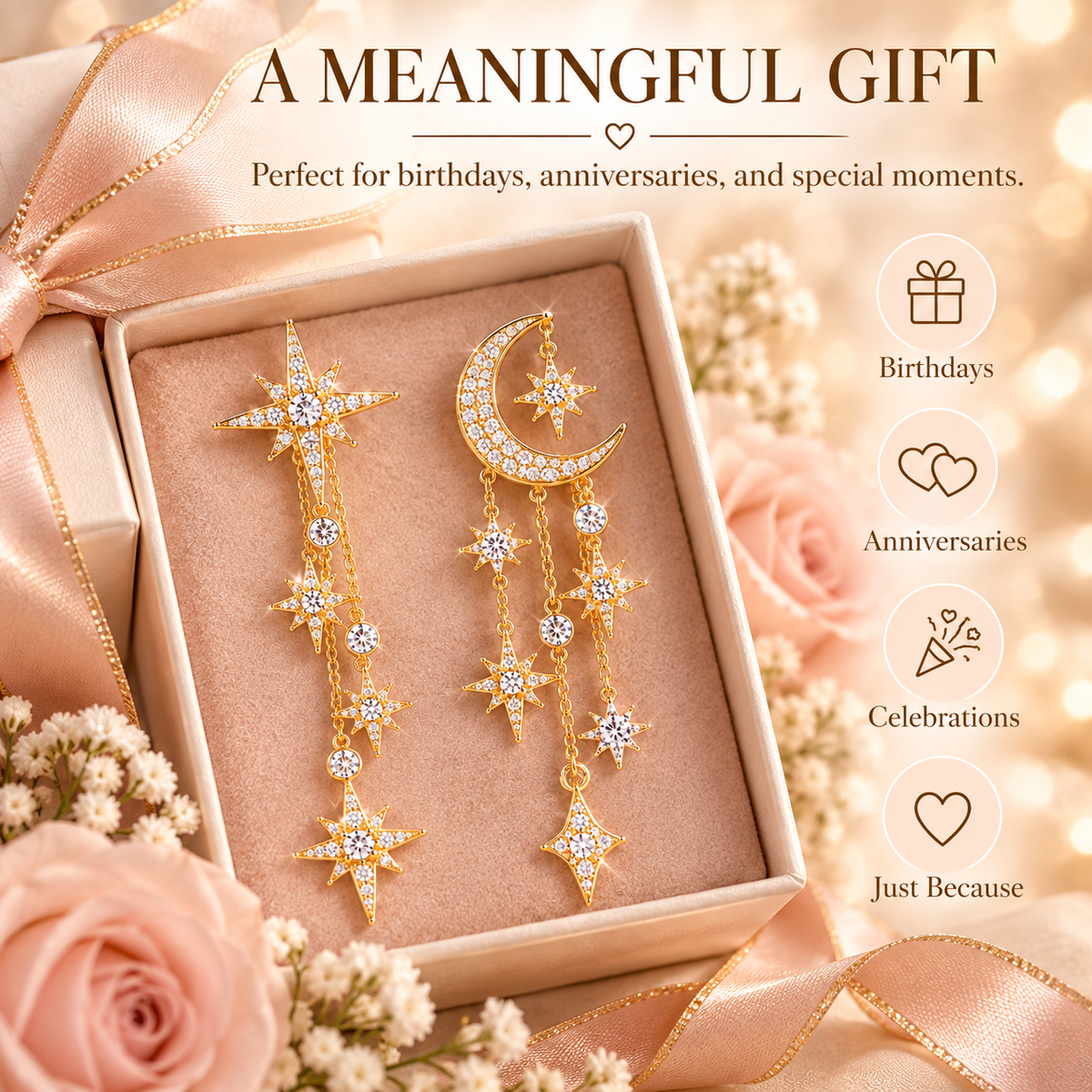 Celestial Moon & Star Dangle Earrings – Asymmetric Gold-Tone Crystal Tassel Drop Earrings for Women