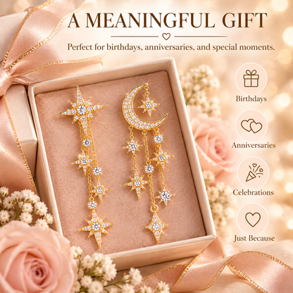 Celestial Moon & Star Dangle Earrings – Asymmetric Gold-Tone Crystal Tassel Drop Earrings for Women
