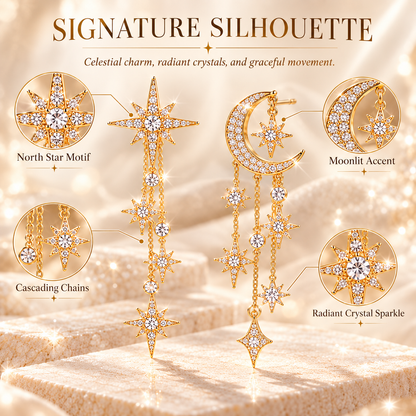 Celestial Moon & Star Dangle Earrings – Asymmetric Gold-Tone Crystal Tassel Drop Earrings for Women
