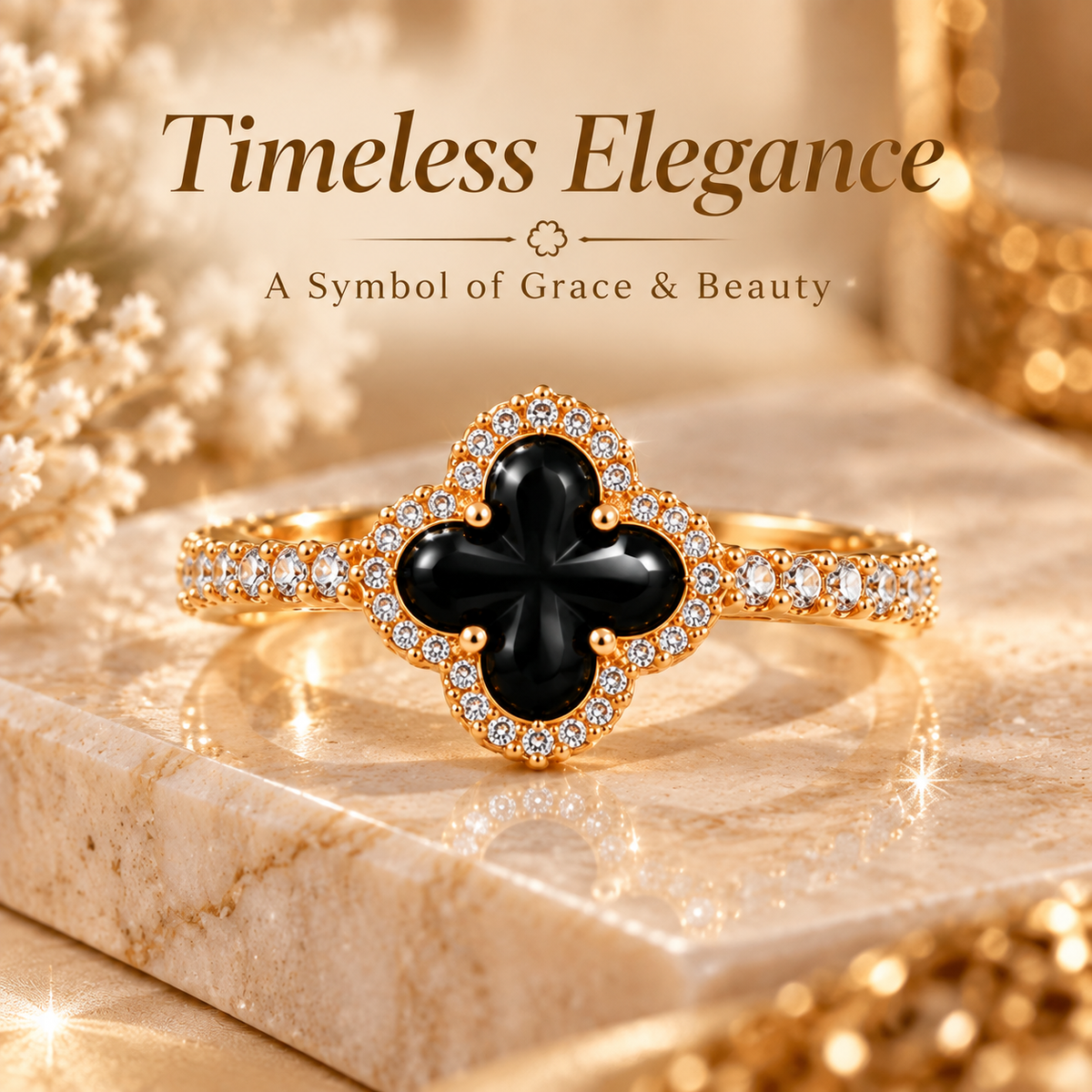 18K Gold Plated Black Four-Leaf Clover Ring – Elegant Cubic Zirconia Lucky Charm Jewelry for Women