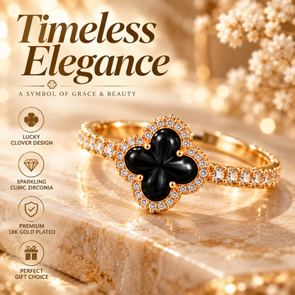 18K Gold Plated Black Four-Leaf Clover Ring – Elegant Cubic Zirconia Lucky Charm Jewelry for Women