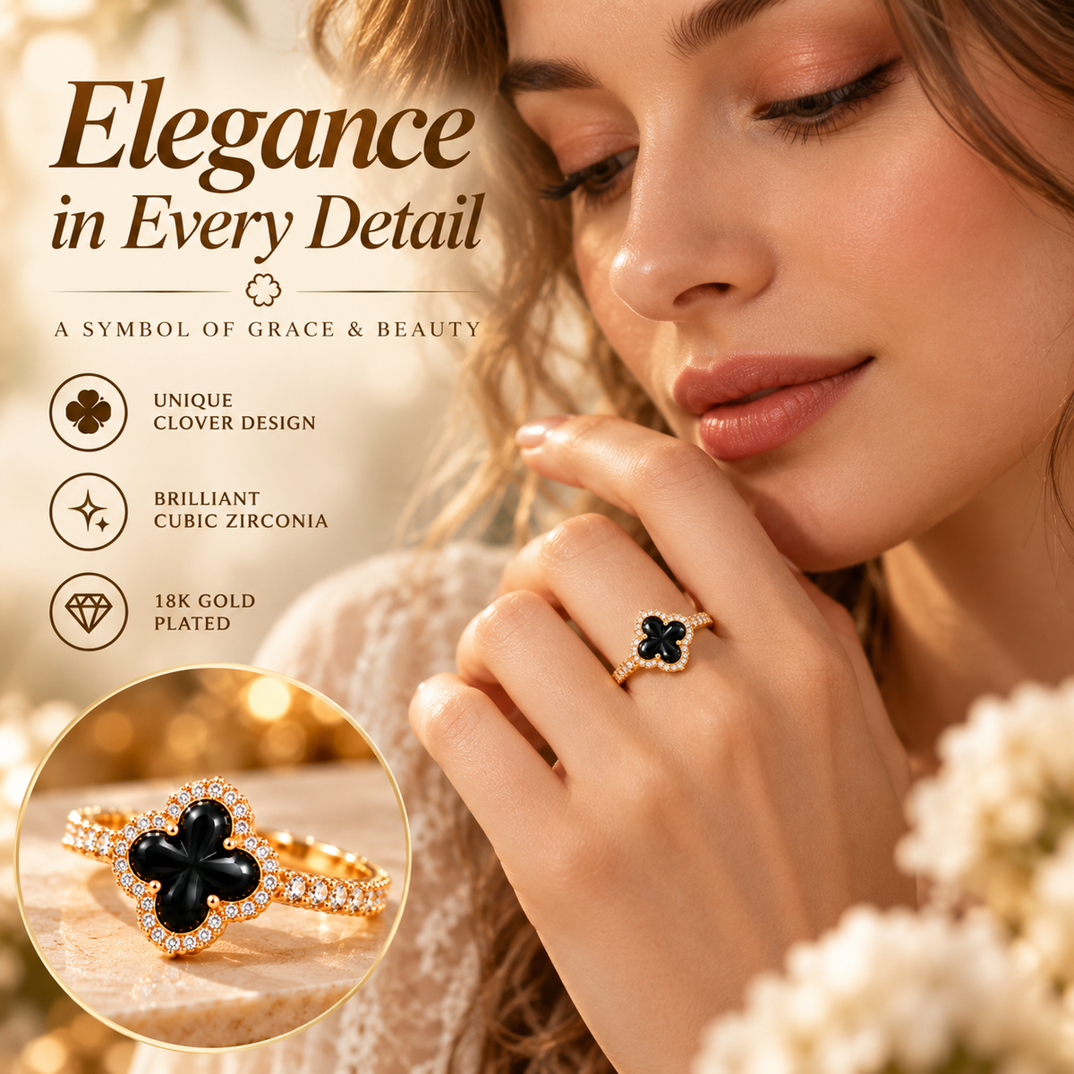 18K Gold Plated Black Four-Leaf Clover Ring – Elegant Cubic Zirconia Lucky Charm Jewelry for Women