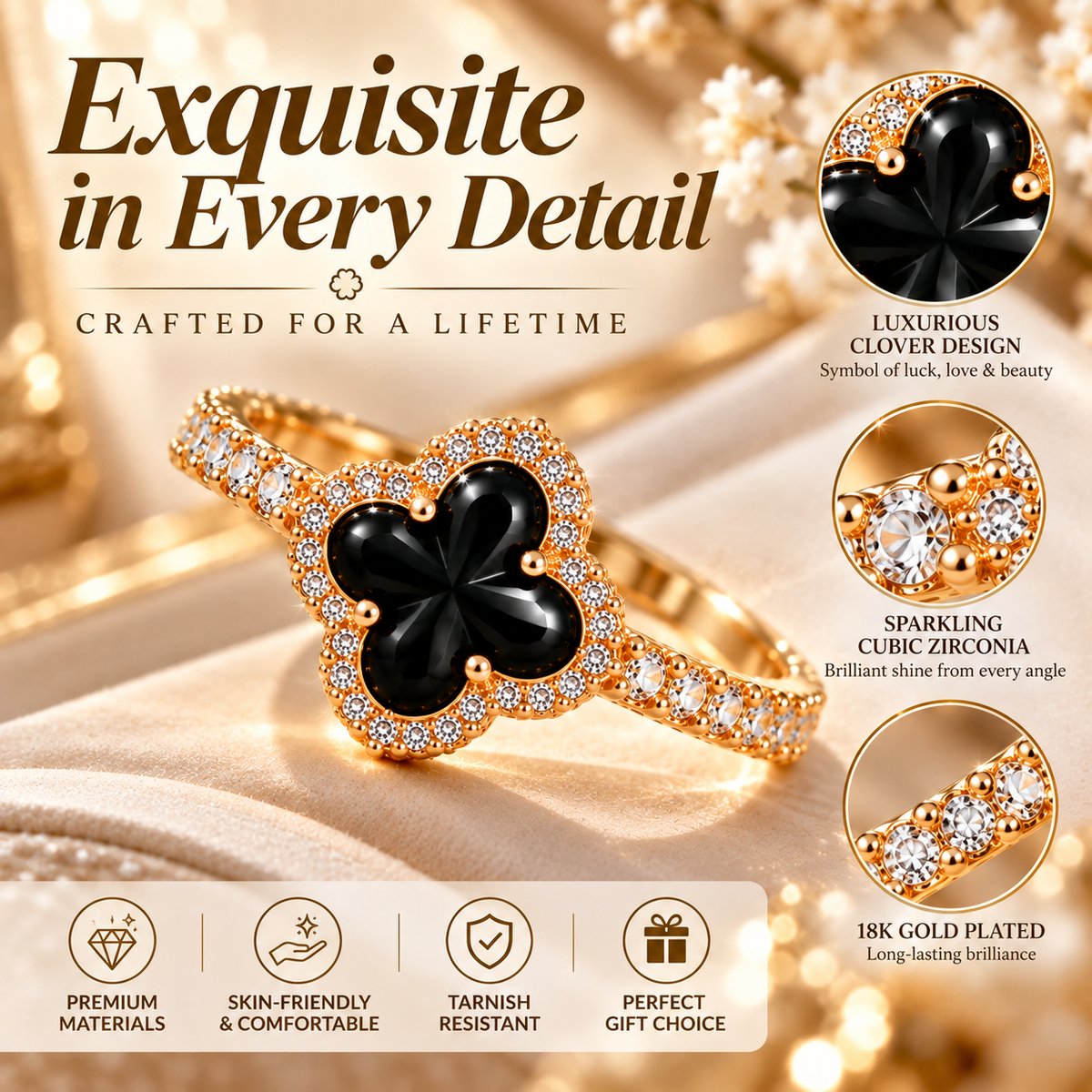 18K Gold Plated Black Four-Leaf Clover Ring – Elegant Cubic Zirconia Lucky Charm Jewelry for Women