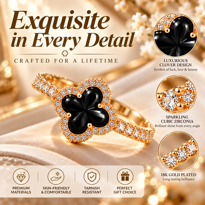 18K Gold Plated Black Four-Leaf Clover Ring – Elegant Cubic Zirconia Lucky Charm Jewelry for Women