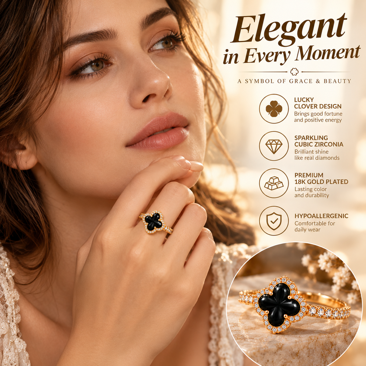 18K Gold Plated Black Four-Leaf Clover Ring – Elegant Cubic Zirconia Lucky Charm Jewelry for Women