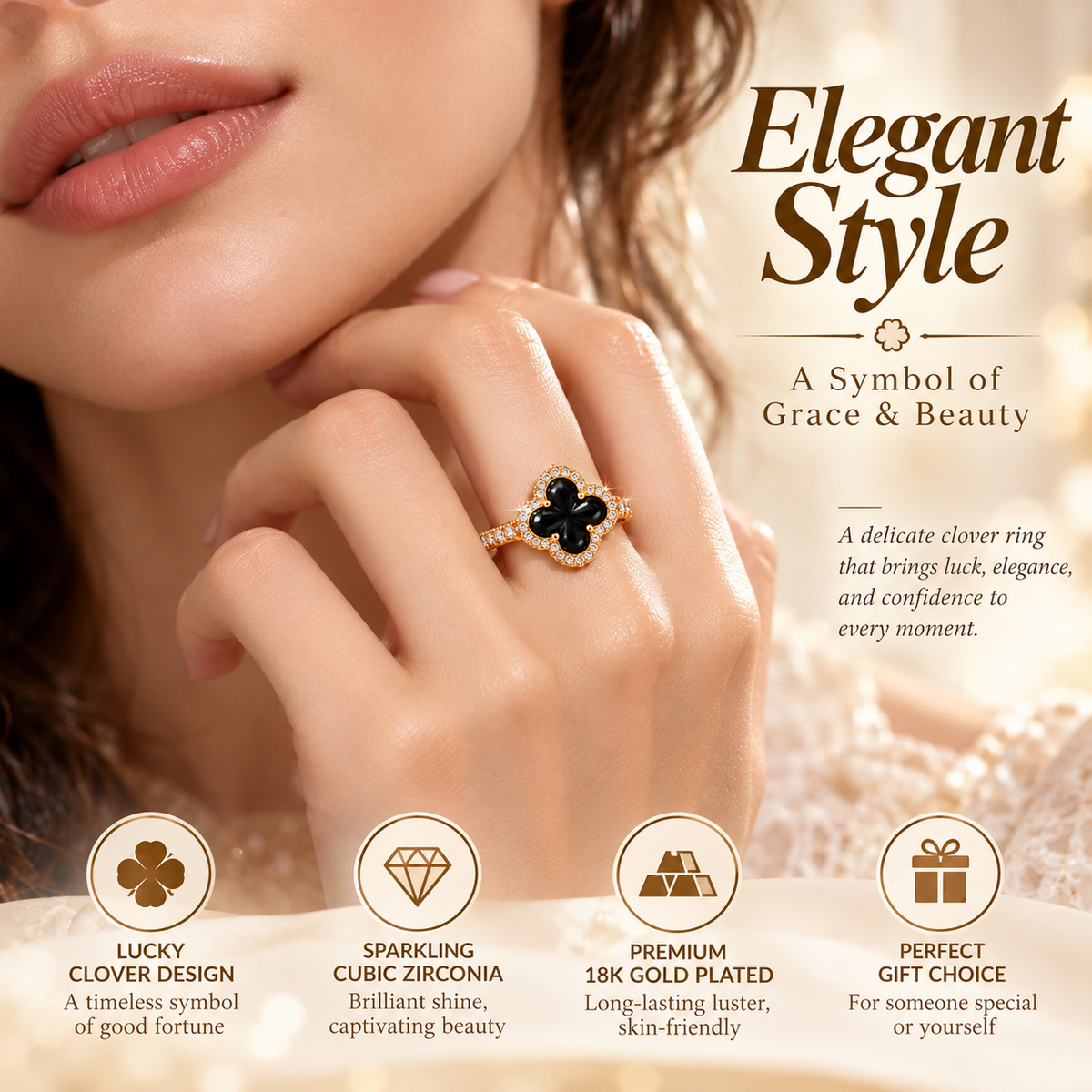 18K Gold Plated Black Four-Leaf Clover Ring – Elegant Cubic Zirconia Lucky Charm Jewelry for Women
