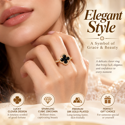 18K Gold Plated Black Four-Leaf Clover Ring – Elegant Cubic Zirconia Lucky Charm Jewelry for Women