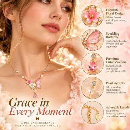 Pink Butterfly & Floral Pearl Pendant Necklace – Elegant Crystal Drop Jewelry for Women