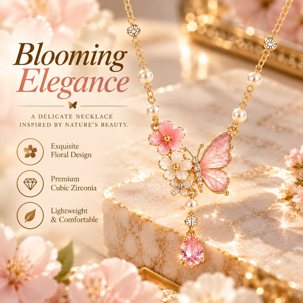 Pink Butterfly & Floral Pearl Pendant Necklace – Elegant Crystal Drop Jewelry for Women