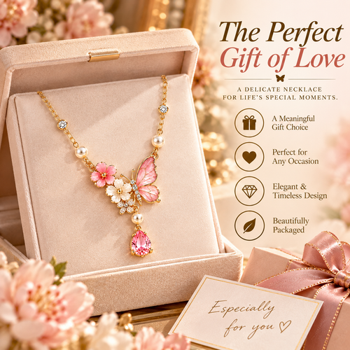 Pink Butterfly & Floral Pearl Pendant Necklace – Elegant Crystal Drop Jewelry for Women