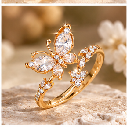 Elegant Gold Butterfly Ring – Sparkling Cubic Zirconia Open Ring for Women